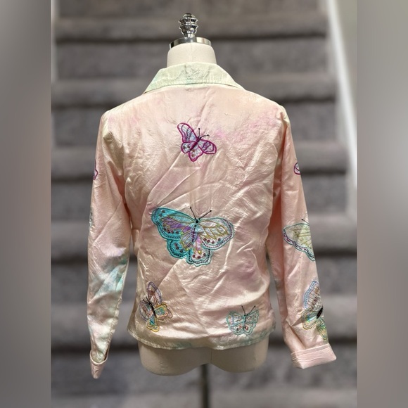 Y2K Parsley & Sage Pastel Tie Dye Silk Embroidered Butterfly Blazer Fairycore - Picture 5 of 16
